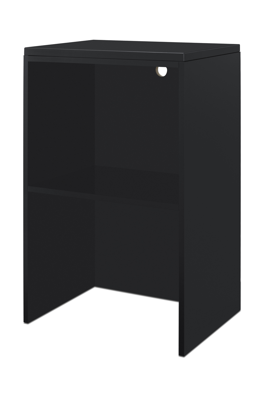 Fully assembled casework hutch in a black finish designed to accept compact microwaves
